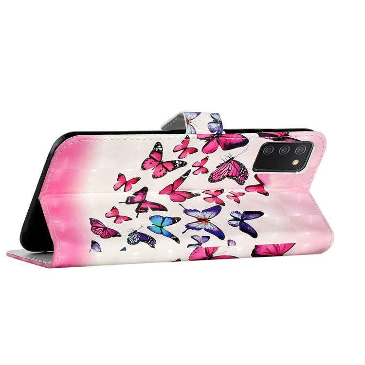 3D Cute Pattern Printing Wallet PU Leather Wallet Case Flip Folio Stand View for Samsung Galaxy A02s (164.2x75.9x9.1mm) / M02s - Pink/Blue Butterfly