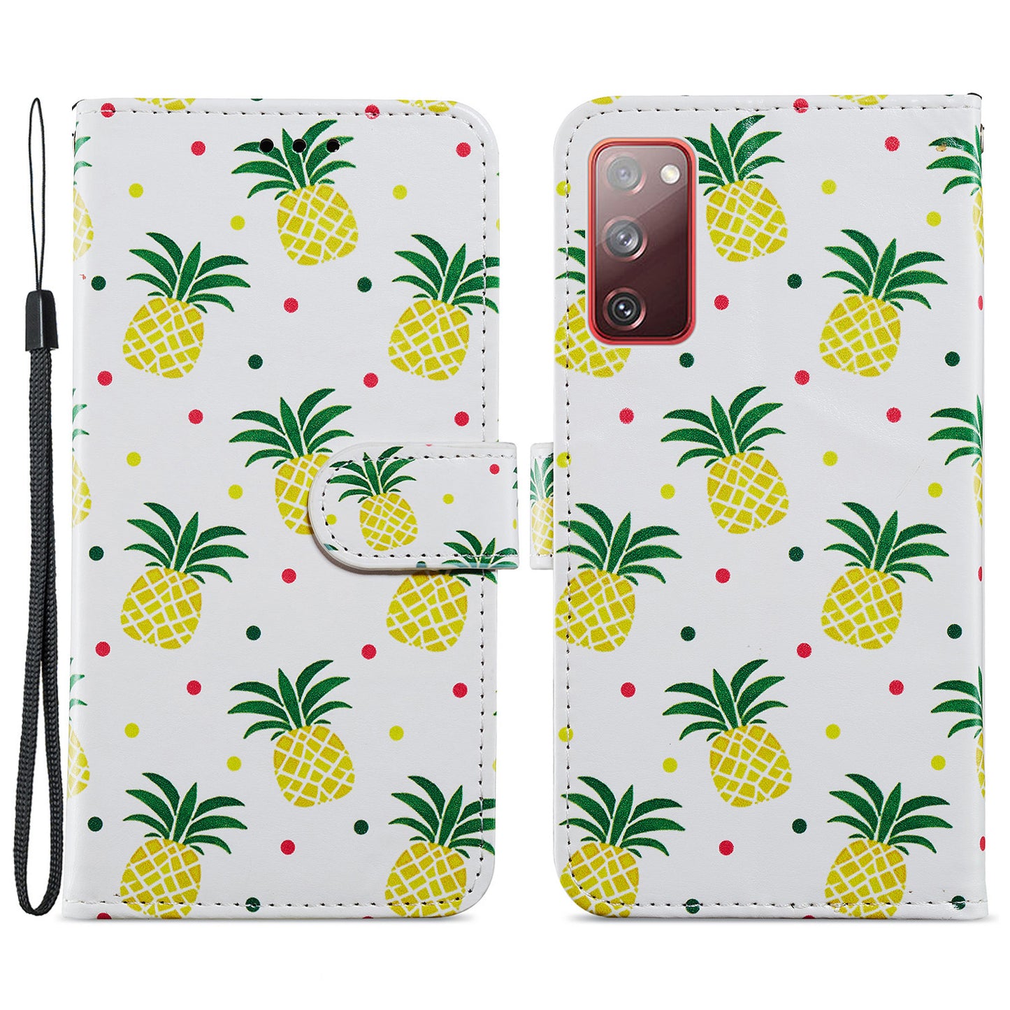 Pattern Printing Design PU Leather Folio Flip Case with Card Holder Slots &amp; Wrist Strap for Samsung Galaxy S20 FE 2022/S20 FE 4G/S20 FE 5G/S20 Lite - Pineapple