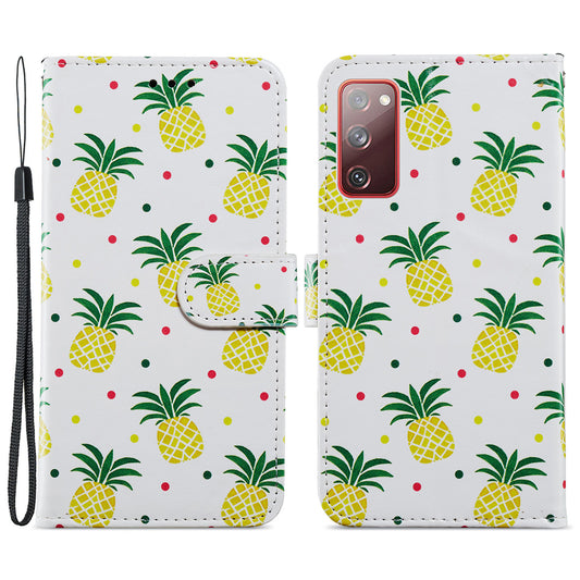 Pattern Printing Design PU Leather Folio Flip Case with Card Holder Slots &amp; Wrist Strap for Samsung Galaxy S20 FE 2022/S20 FE 4G/S20 FE 5G/S20 Lite - Pineapple