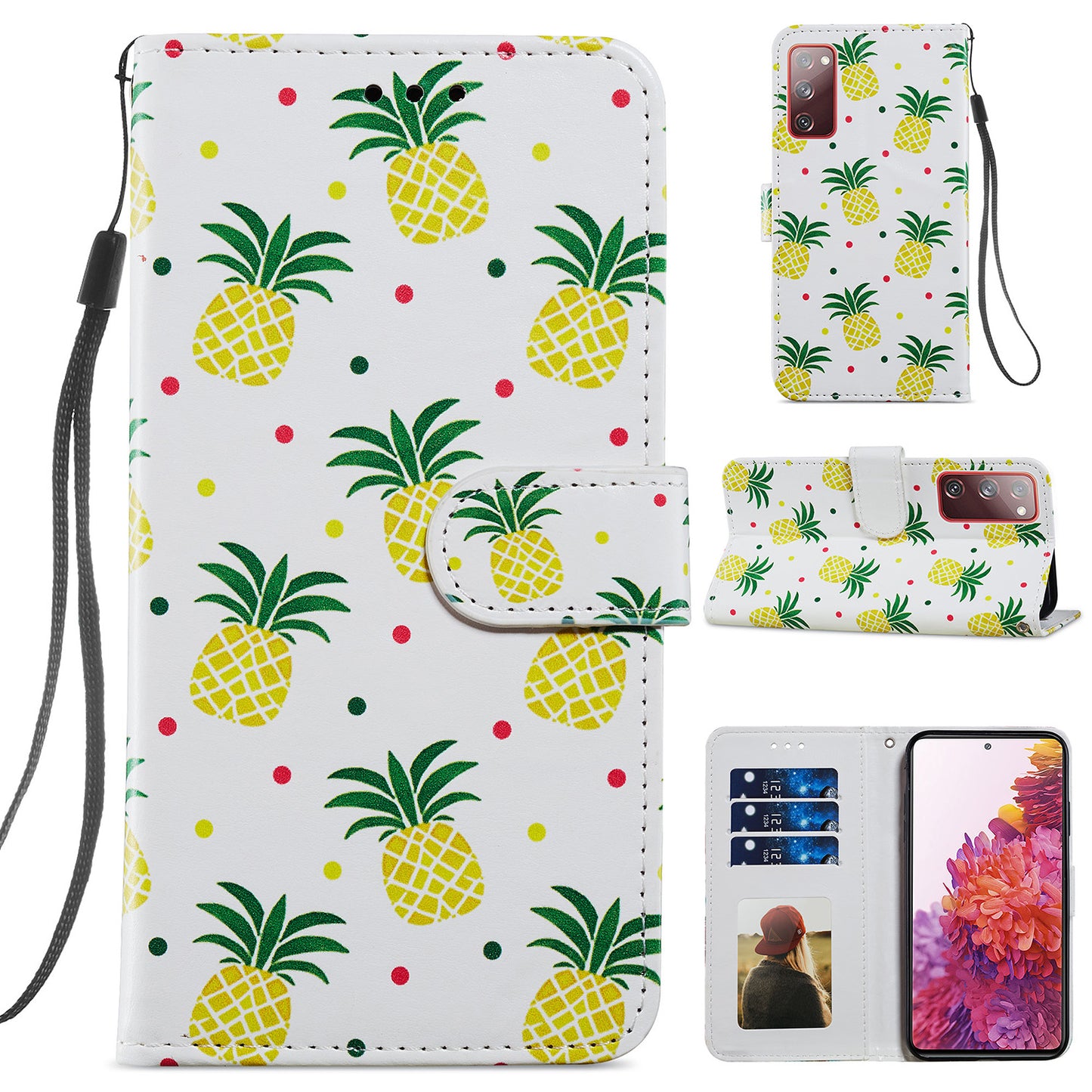 Pattern Printing Design PU Leather Folio Flip Case with Card Holder Slots &amp; Wrist Strap for Samsung Galaxy S20 FE 2022/S20 FE 4G/S20 FE 5G/S20 Lite - Pineapple