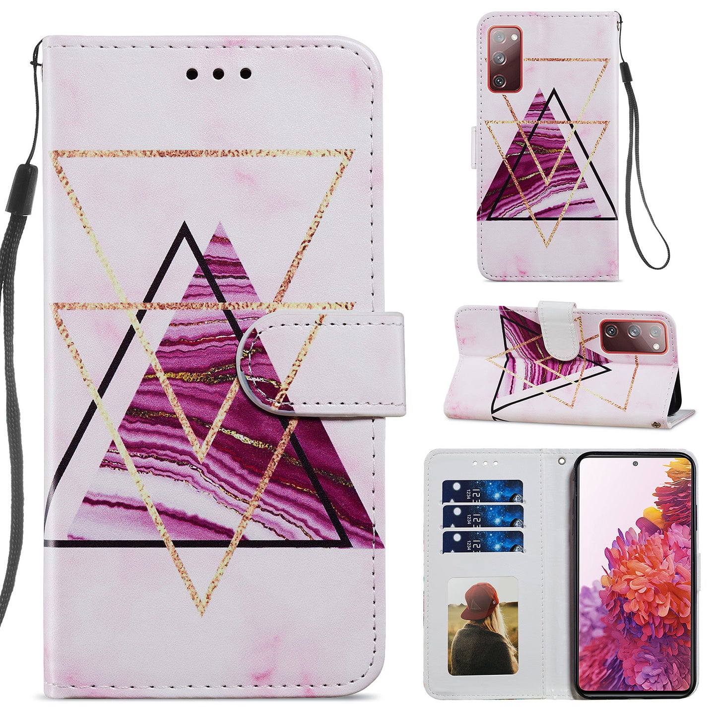 Pattern Printing Design PU Leather Folio Flip Case with Card Holder Slots &amp; Wrist Strap for Samsung Galaxy S20 FE 2022/S20 FE 4G/S20 FE 5G/S20 Lite - Tri-colored Marble