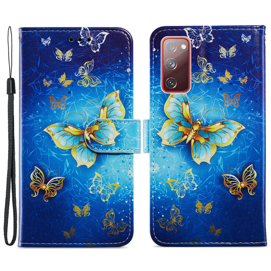 Pattern Printing Design PU Leather Folio Flip Case with Card Holder Slots &amp; Wrist Strap for Samsung Galaxy S20 FE 2022/S20 FE 4G/S20 FE 5G/S20 Lite - Golden Butterfly