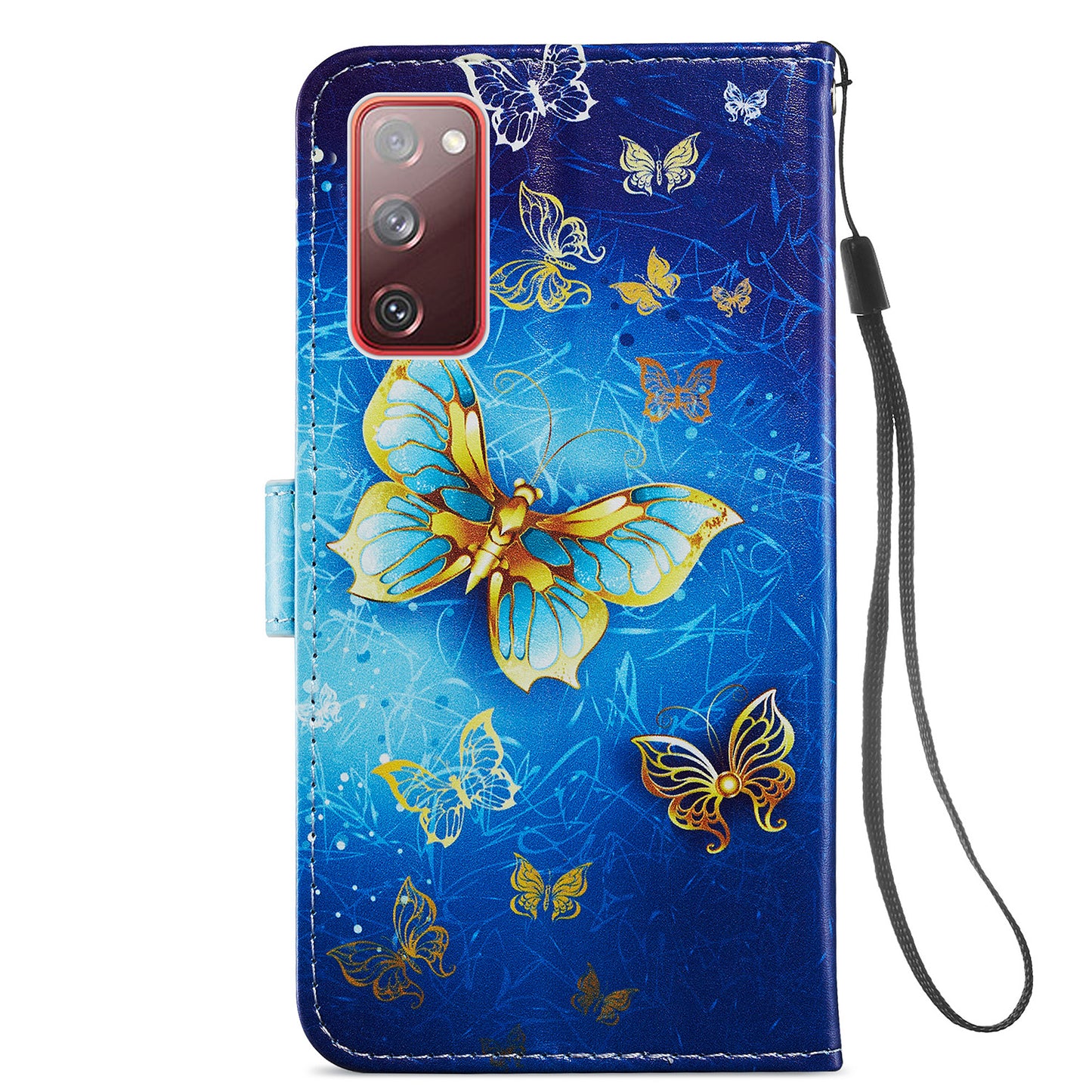 Pattern Printing Design PU Leather Folio Flip Case with Card Holder Slots &amp; Wrist Strap for Samsung Galaxy S20 FE 2022/S20 FE 4G/S20 FE 5G/S20 Lite - Golden Butterfly