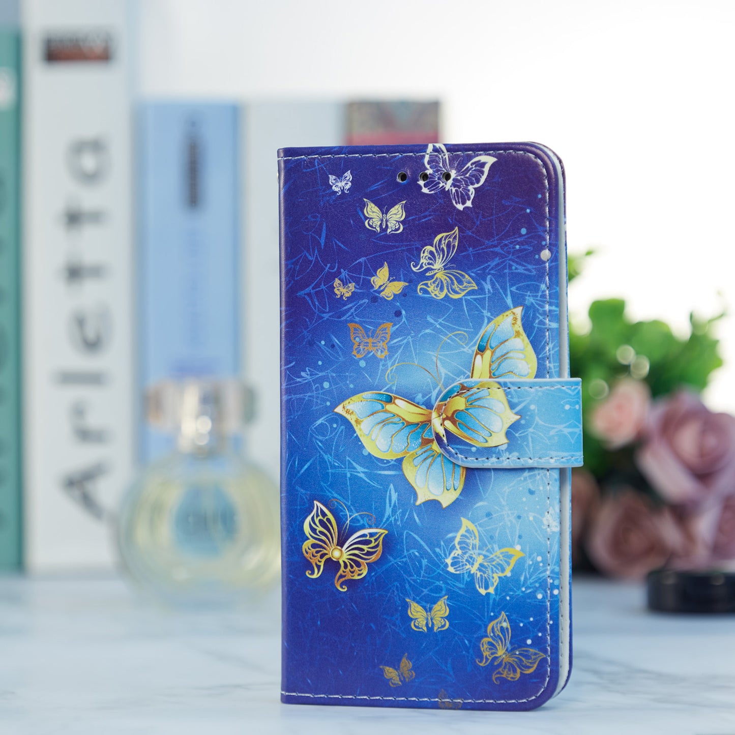 Pattern Printing Design PU Leather Folio Flip Case with Card Holder Slots &amp; Wrist Strap for Samsung Galaxy S20 FE 2022/S20 FE 4G/S20 FE 5G/S20 Lite - Golden Butterfly