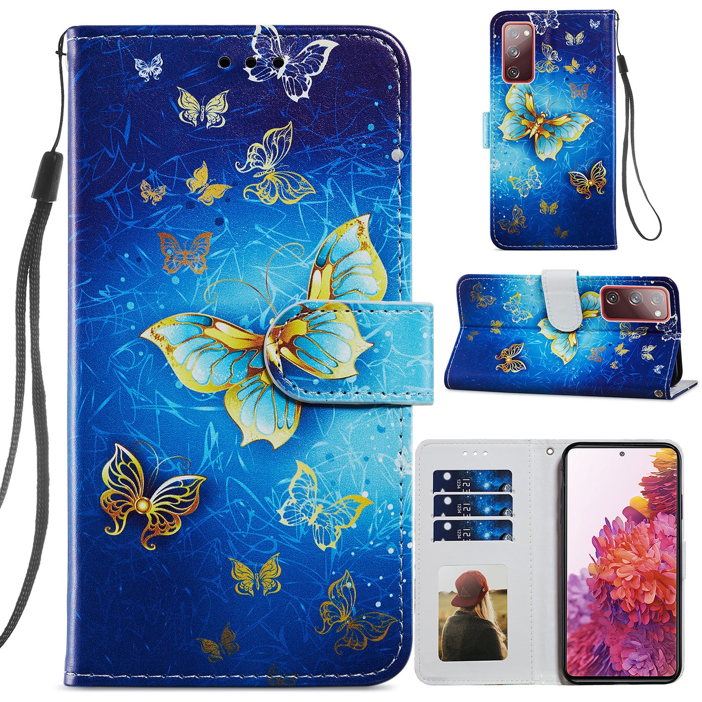 Pattern Printing Design PU Leather Folio Flip Case with Card Holder Slots &amp; Wrist Strap for Samsung Galaxy S20 FE 2022/S20 FE 4G/S20 FE 5G/S20 Lite - Golden Butterfly