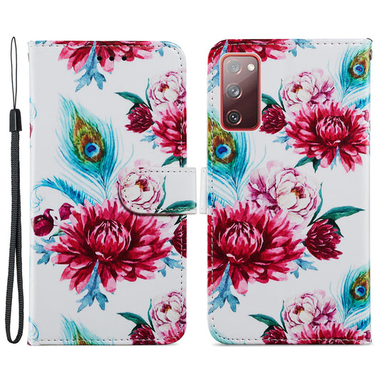 Pattern Printing Design PU Leather Folio Flip Case with Card Holder Slots &amp; Wrist Strap for Samsung Galaxy S20 FE 2022/S20 FE 4G/S20 FE 5G/S20 Lite - Peacock Flower