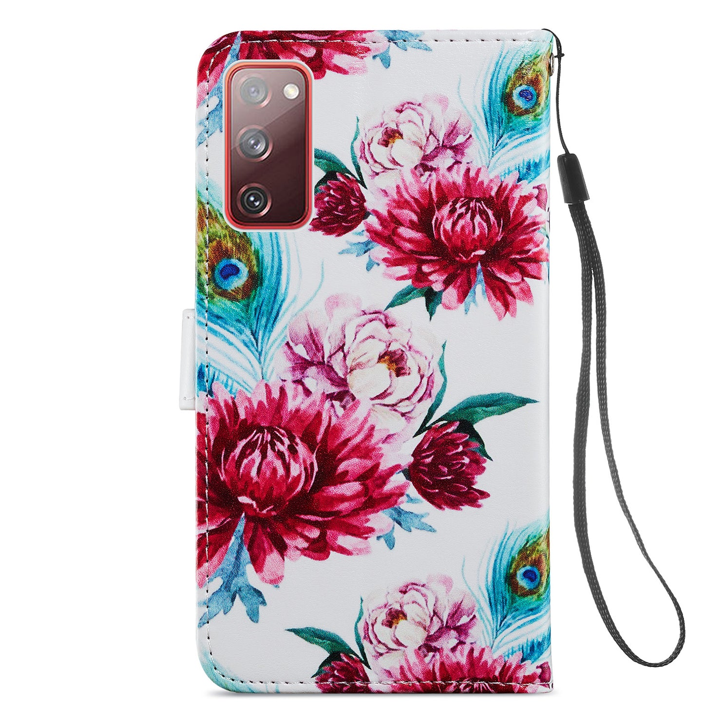 Pattern Printing Design PU Leather Folio Flip Case with Card Holder Slots &amp; Wrist Strap for Samsung Galaxy S20 FE 2022/S20 FE 4G/S20 FE 5G/S20 Lite - Peacock Flower