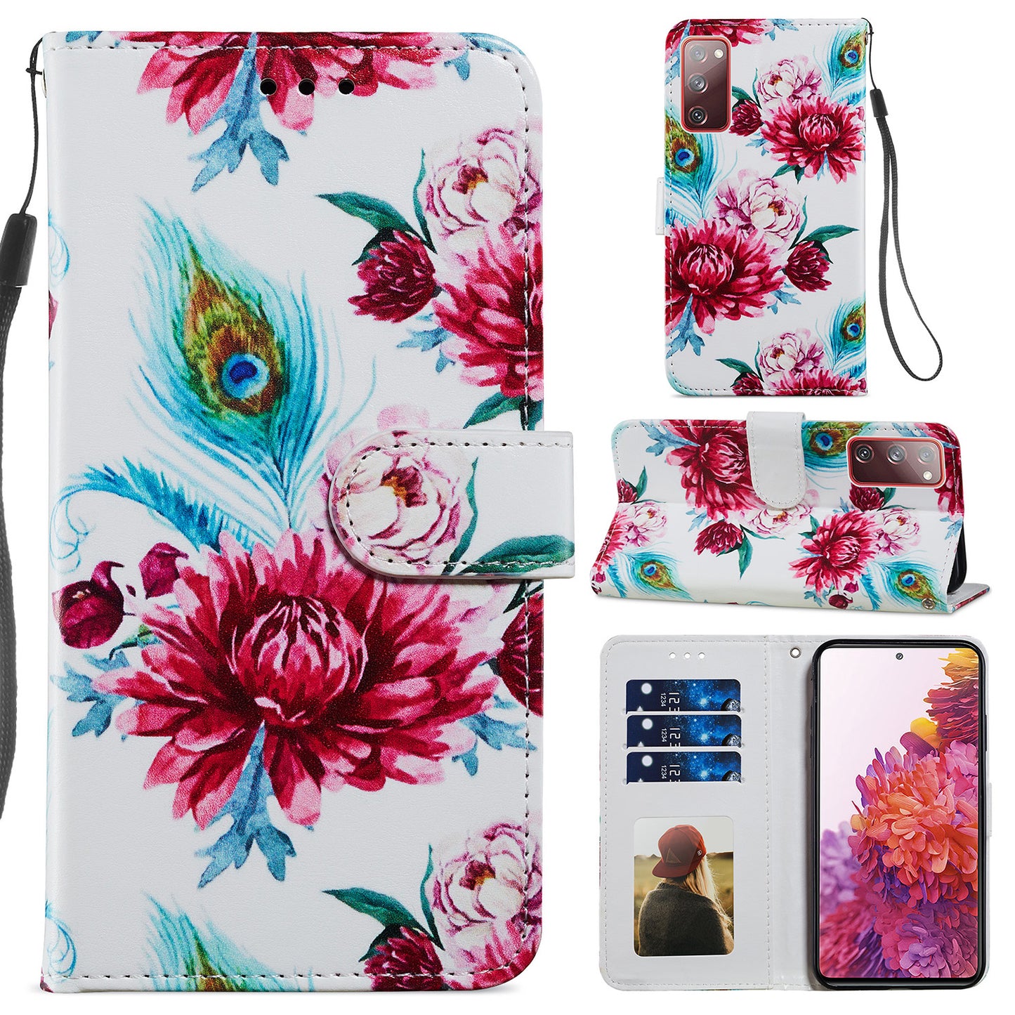 Pattern Printing Design PU Leather Folio Flip Case with Card Holder Slots &amp; Wrist Strap for Samsung Galaxy S20 FE 2022/S20 FE 4G/S20 FE 5G/S20 Lite - Peacock Flower