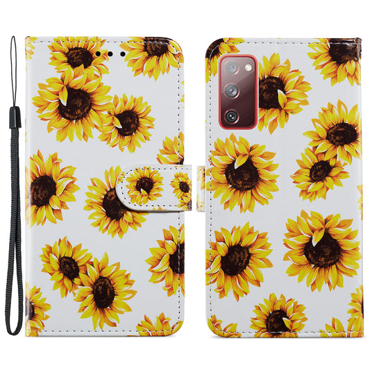 Pattern Printing Design PU Leather Folio Flip Case with Card Holder Slots &amp; Wrist Strap for Samsung Galaxy S20 FE 2022/S20 FE 4G/S20 FE 5G/S20 Lite - Sunflower
