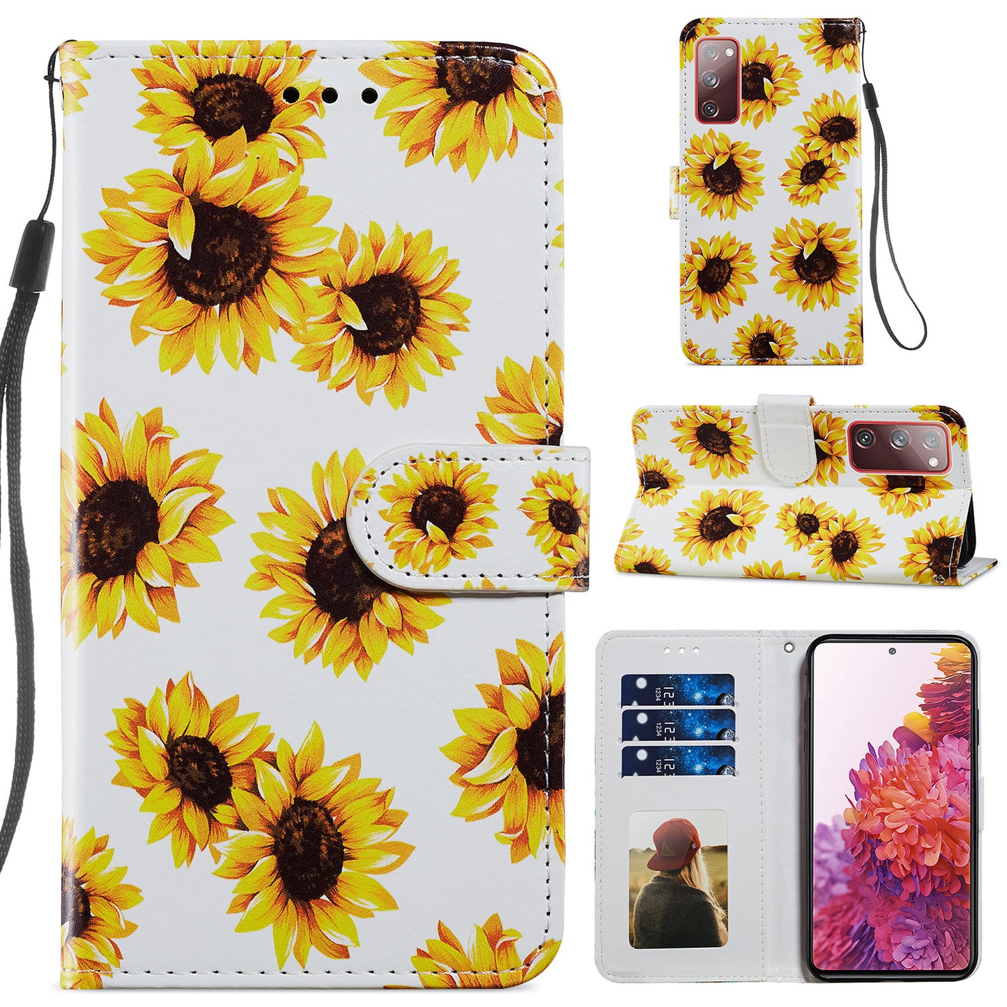 Pattern Printing Design PU Leather Folio Flip Case with Card Holder Slots &amp; Wrist Strap for Samsung Galaxy S20 FE 2022/S20 FE 4G/S20 FE 5G/S20 Lite - Sunflower