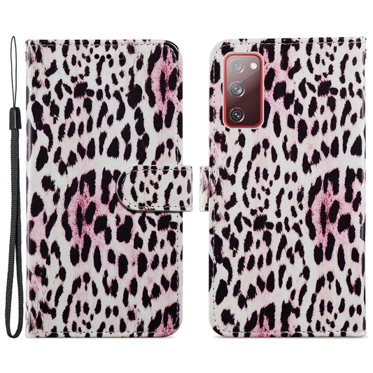 Pattern Printing Design PU Leather Folio Flip Case with Card Holder Slots &amp; Wrist Strap for Samsung Galaxy S20 FE 2022/S20 FE 4G/S20 FE 5G/S20 Lite - Leopard Print