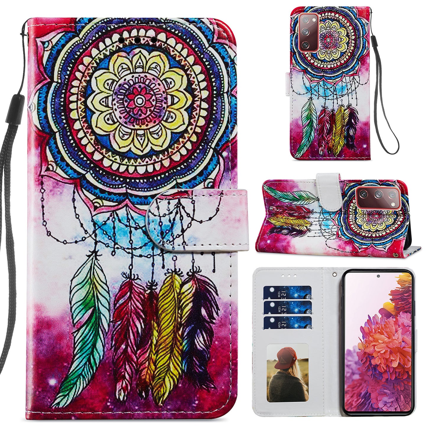Pattern Printing Design PU Leather Folio Flip Case with Card Holder Slots &amp; Wrist Strap for Samsung Galaxy S20 FE 2022/S20 FE 4G/S20 FE 5G/S20 Lite - Dream Catcher