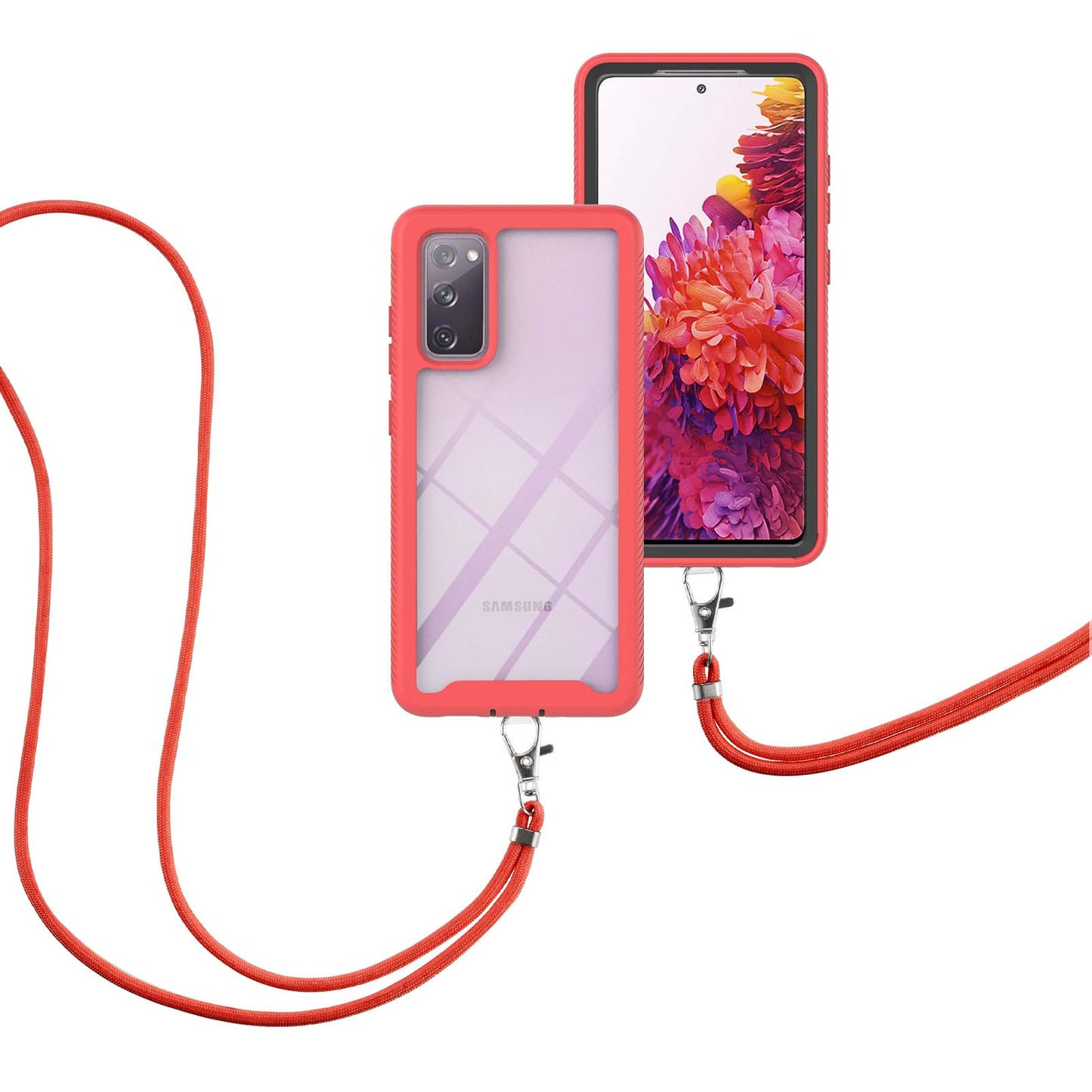 Heavy Duty Rugged Shockproof Hybrid Hard PC Soft TPU Protective Cover with Lanyard for Samsung Galaxy S20 FE 2022/S20 FE 4G/S20 FE 5G/S20 Lite - Red