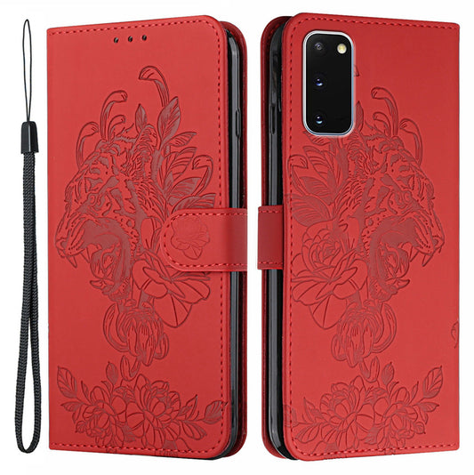 Tiger Head Pattern Imprinting Leather Wallet Stand Case for Samsung Galaxy S20 4G/S20 5G - Red