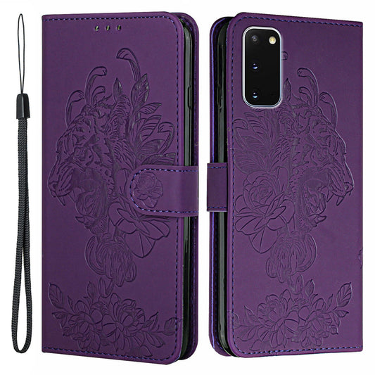 Tiger Head Pattern Imprinting Leather Wallet Stand Case for Samsung Galaxy S20 4G/S20 5G - Purple