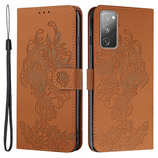 Wallet Stand Design Tiger Head Pattern Imprinting Leather Case for Samsung Galaxy S20 FE 2022/S20 FE 4G/S20 FE 5G/S20 Lite - Brown