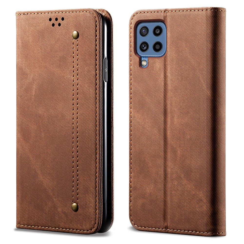 Jeans Cloth Texture Leisure Style Leather Wallet Case with Stand for Samsung Galaxy M32 (Global Version) - Brown