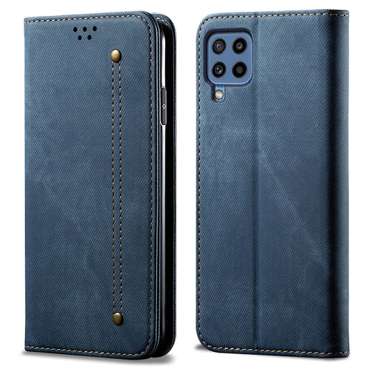 Jeans Cloth Texture Leisure Style Leather Wallet Case with Stand for Samsung Galaxy M32 (Global Version) - Blue