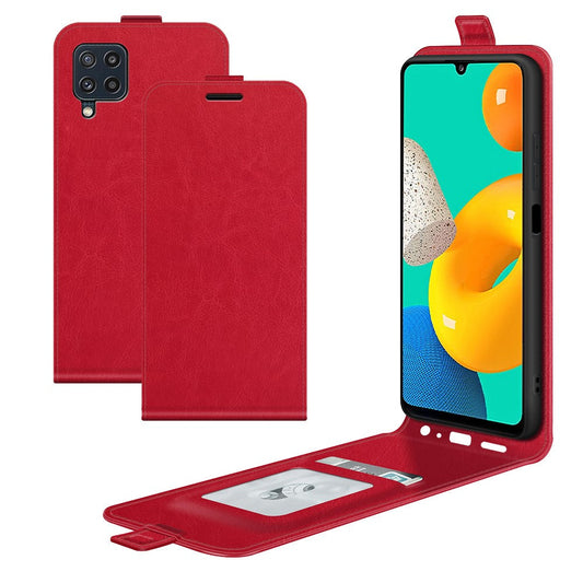 Vertical Flip Card Slot Design PU Leather Phone Case Crazy Horse Texture Cover for Samsung Galaxy M32 (Global Version) - Red