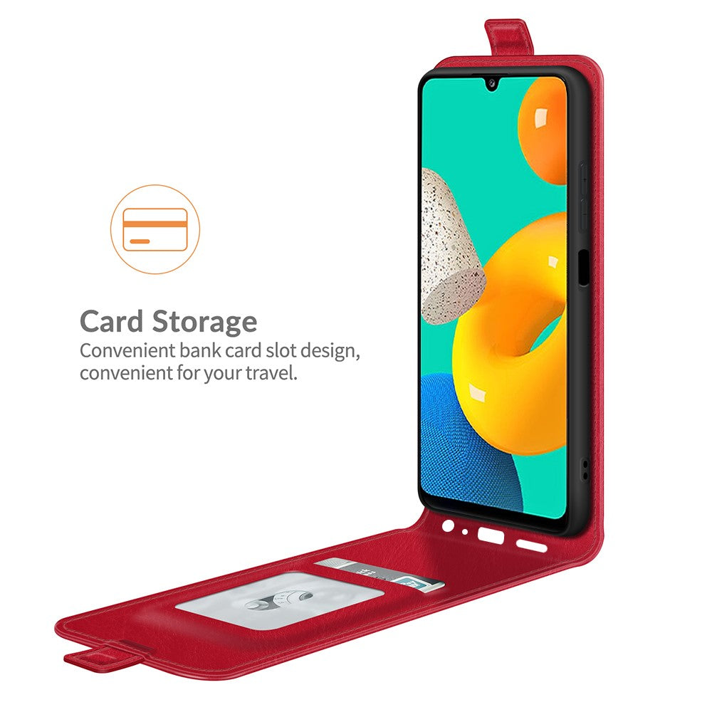 Vertical Flip Card Slot Design PU Leather Phone Case Crazy Horse Texture Cover for Samsung Galaxy M32 (Global Version) - Red