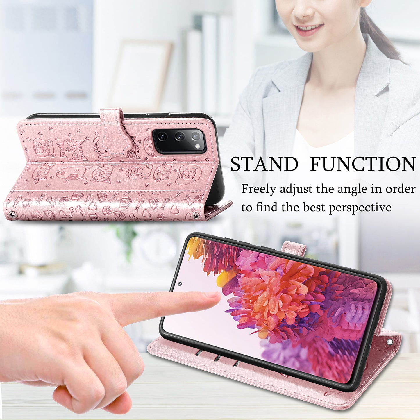Imprint Cat Dog Pattern Leather Case with Stand Wallet for Samsung Galaxy S20 FE 2022/S20 FE 4G/S20 FE 5G/S20 Lite - Rose Gold