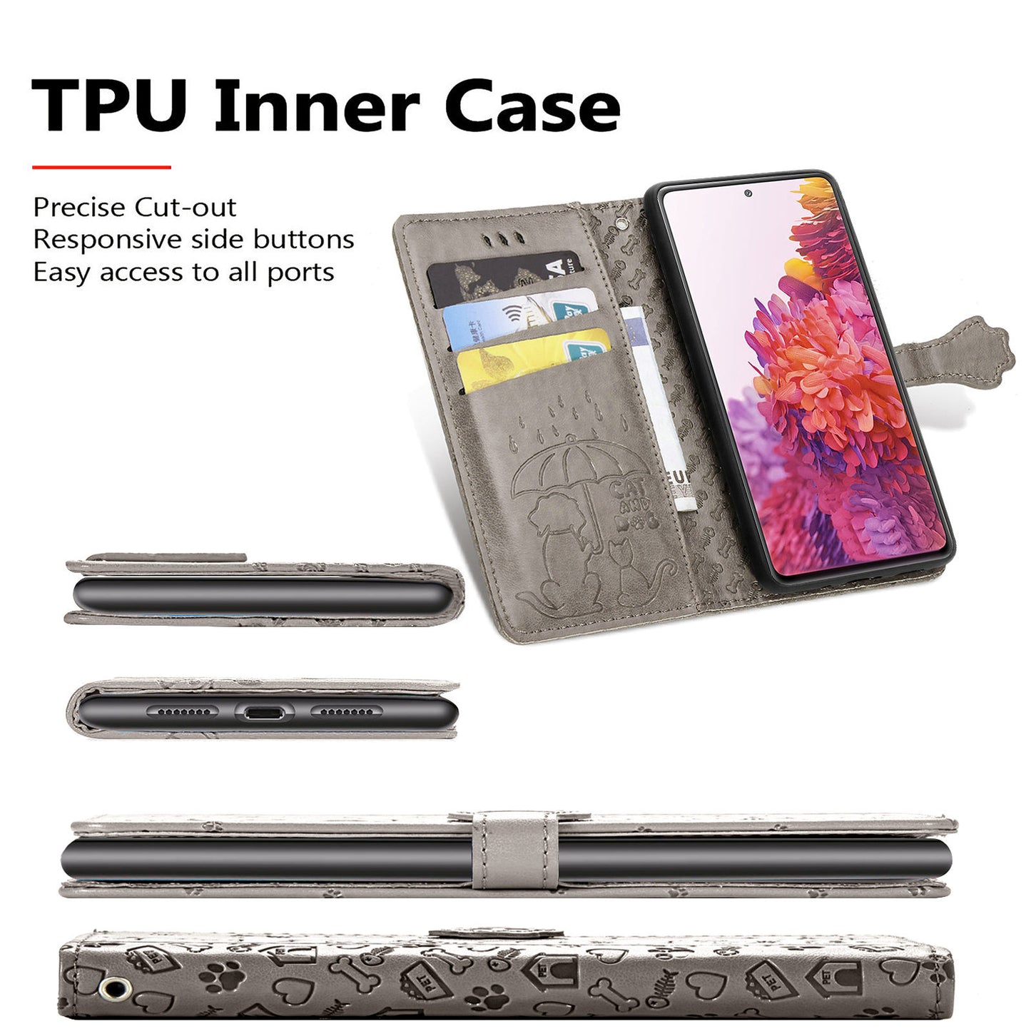 Imprint Cat Dog Pattern Leather Case with Stand Wallet for Samsung Galaxy S20 FE 2022/S20 FE 4G/S20 FE 5G/S20 Lite - Grey