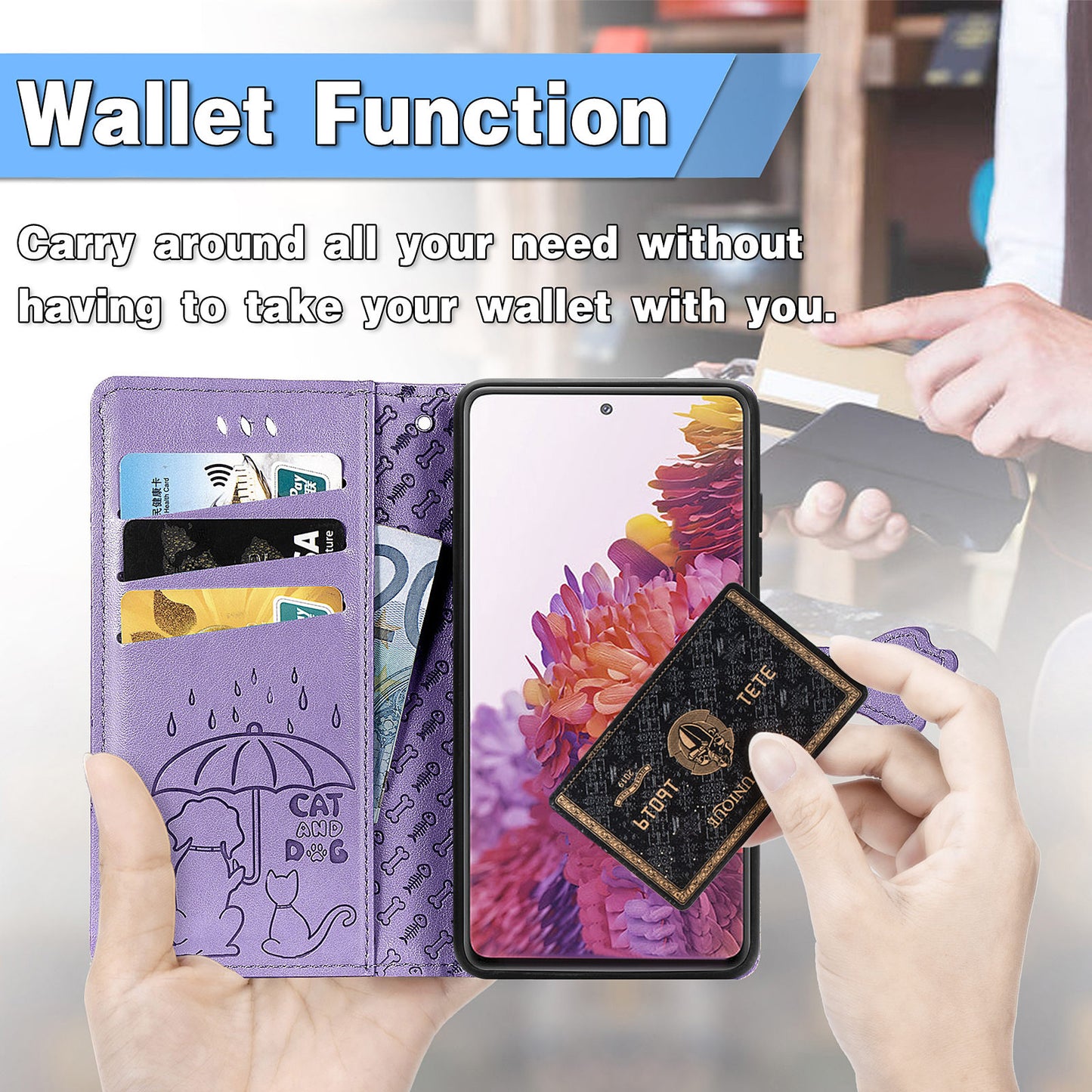 Imprint Cat Dog Pattern Leather Case with Stand Wallet for Samsung Galaxy S20 FE 2022/S20 FE 4G/S20 FE 5G/S20 Lite - Purple