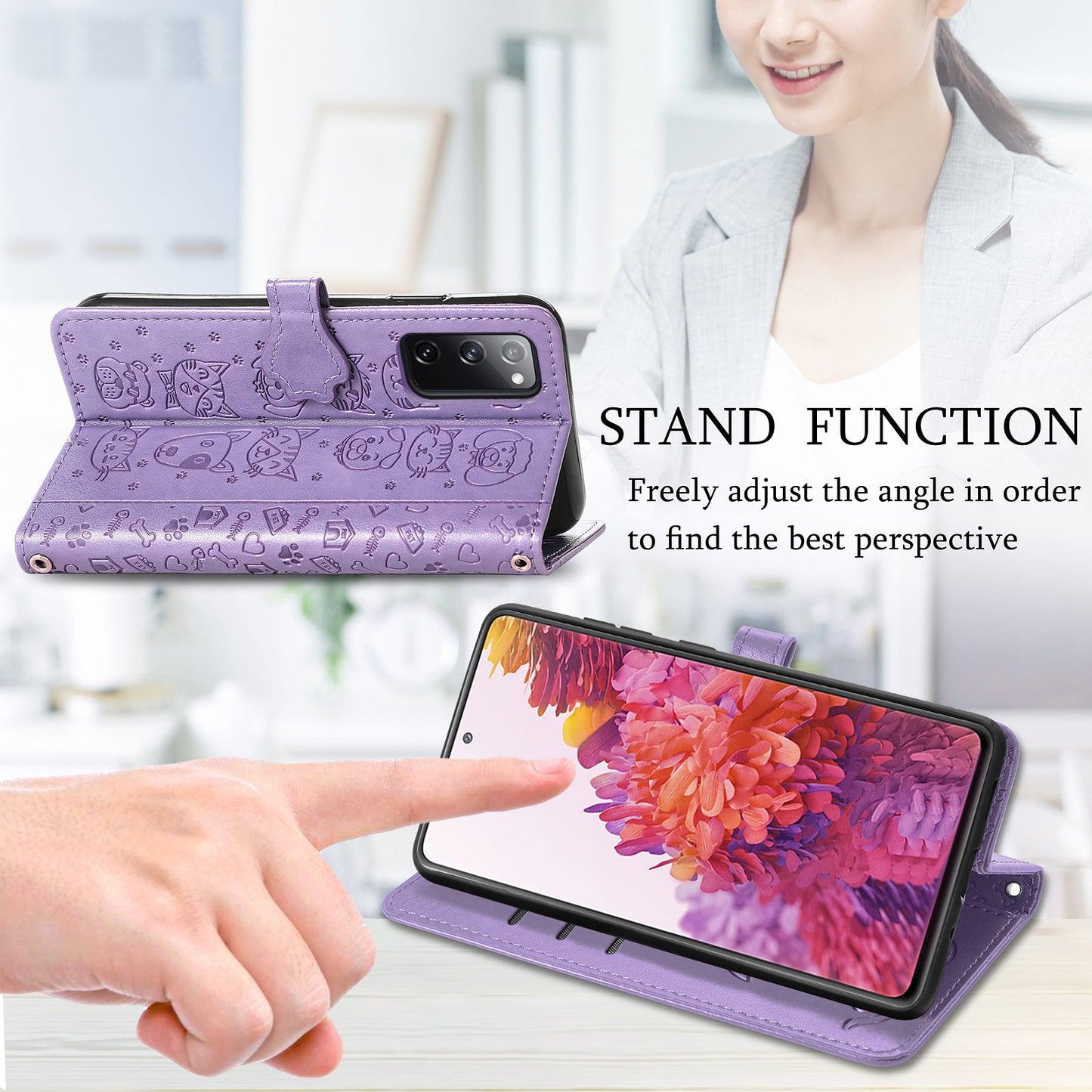 Imprint Cat Dog Pattern Leather Case with Stand Wallet for Samsung Galaxy S20 FE 2022/S20 FE 4G/S20 FE 5G/S20 Lite - Purple