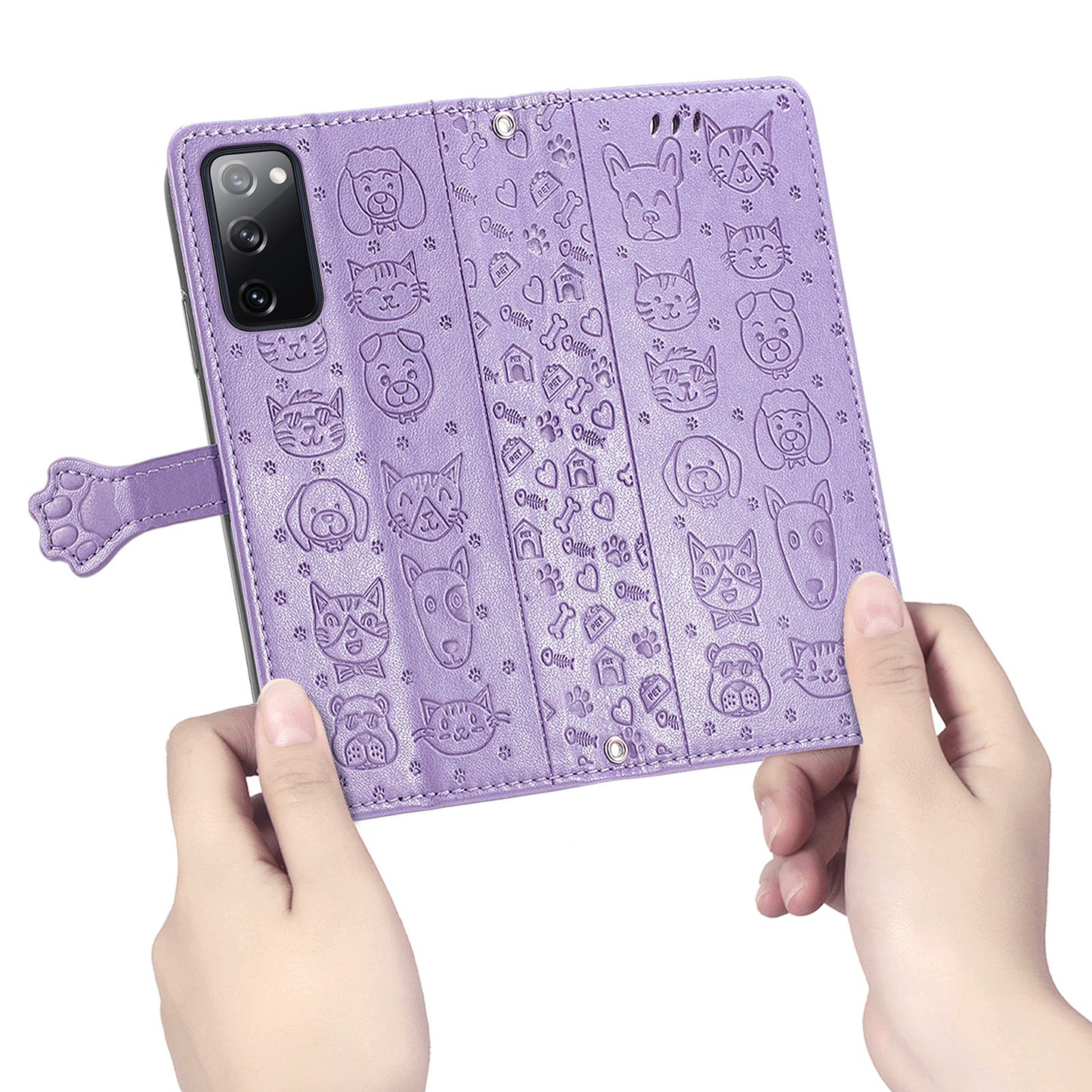 Imprint Cat Dog Pattern Leather Case with Stand Wallet for Samsung Galaxy S20 FE 2022/S20 FE 4G/S20 FE 5G/S20 Lite - Purple