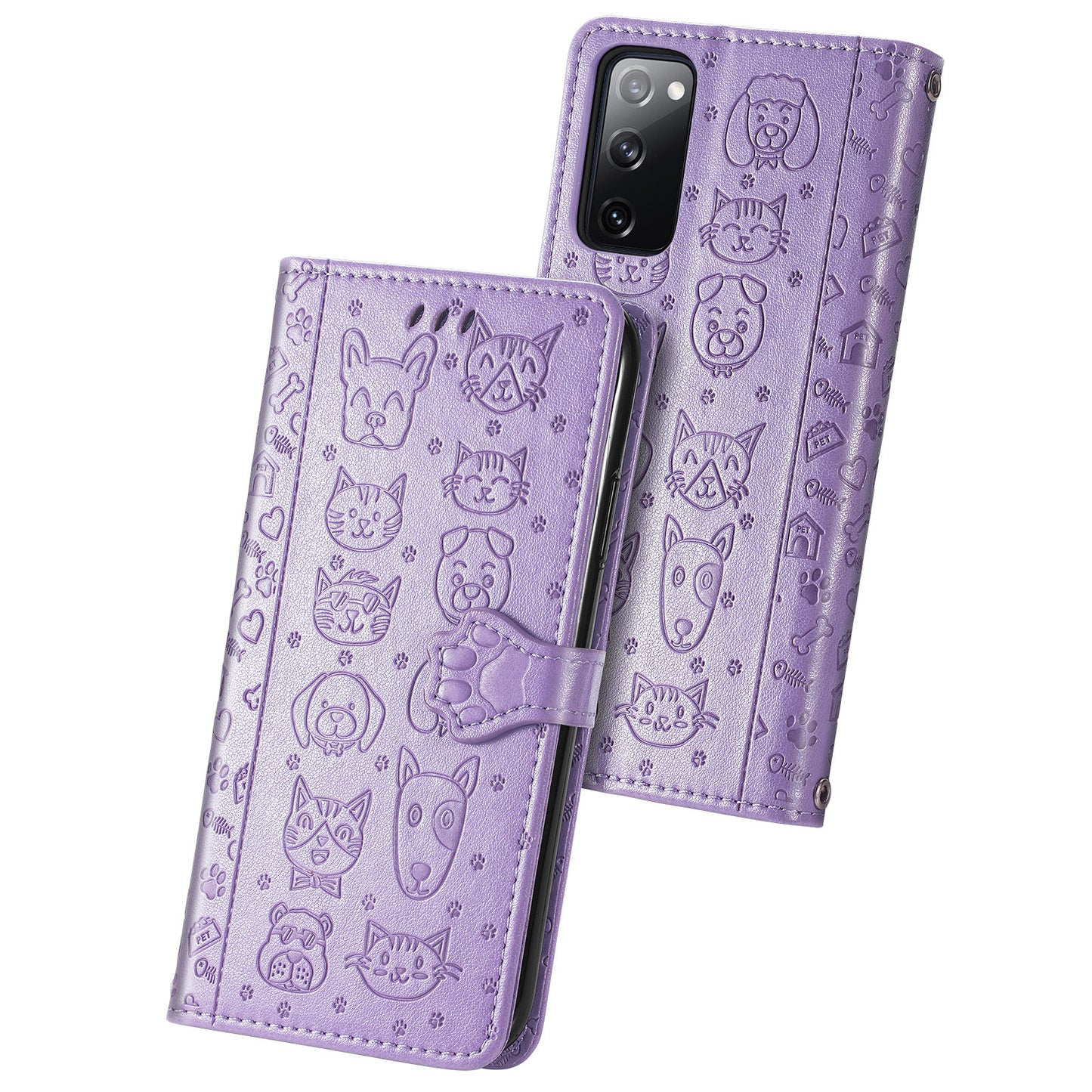 Imprint Cat Dog Pattern Leather Case with Stand Wallet for Samsung Galaxy S20 FE 2022/S20 FE 4G/S20 FE 5G/S20 Lite - Purple