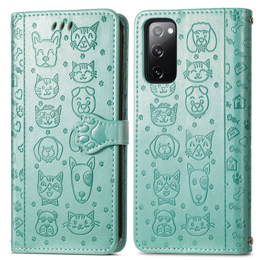 Imprint Cat Dog Pattern Leather Case with Stand Wallet for Samsung Galaxy S20 FE 2022/S20 FE 4G/S20 FE 5G/S20 Lite - Green