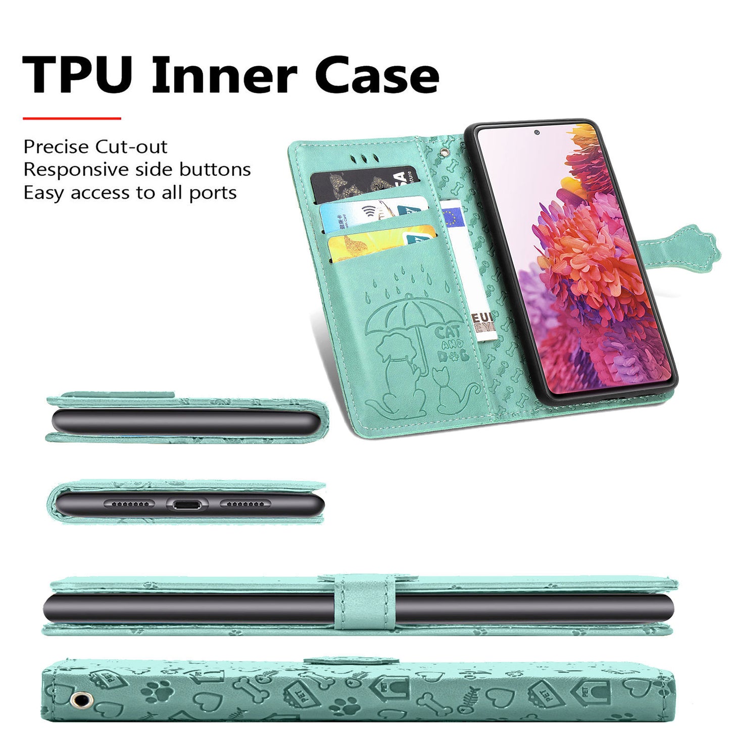 Imprint Cat Dog Pattern Leather Case with Stand Wallet for Samsung Galaxy S20 FE 2022/S20 FE 4G/S20 FE 5G/S20 Lite - Green