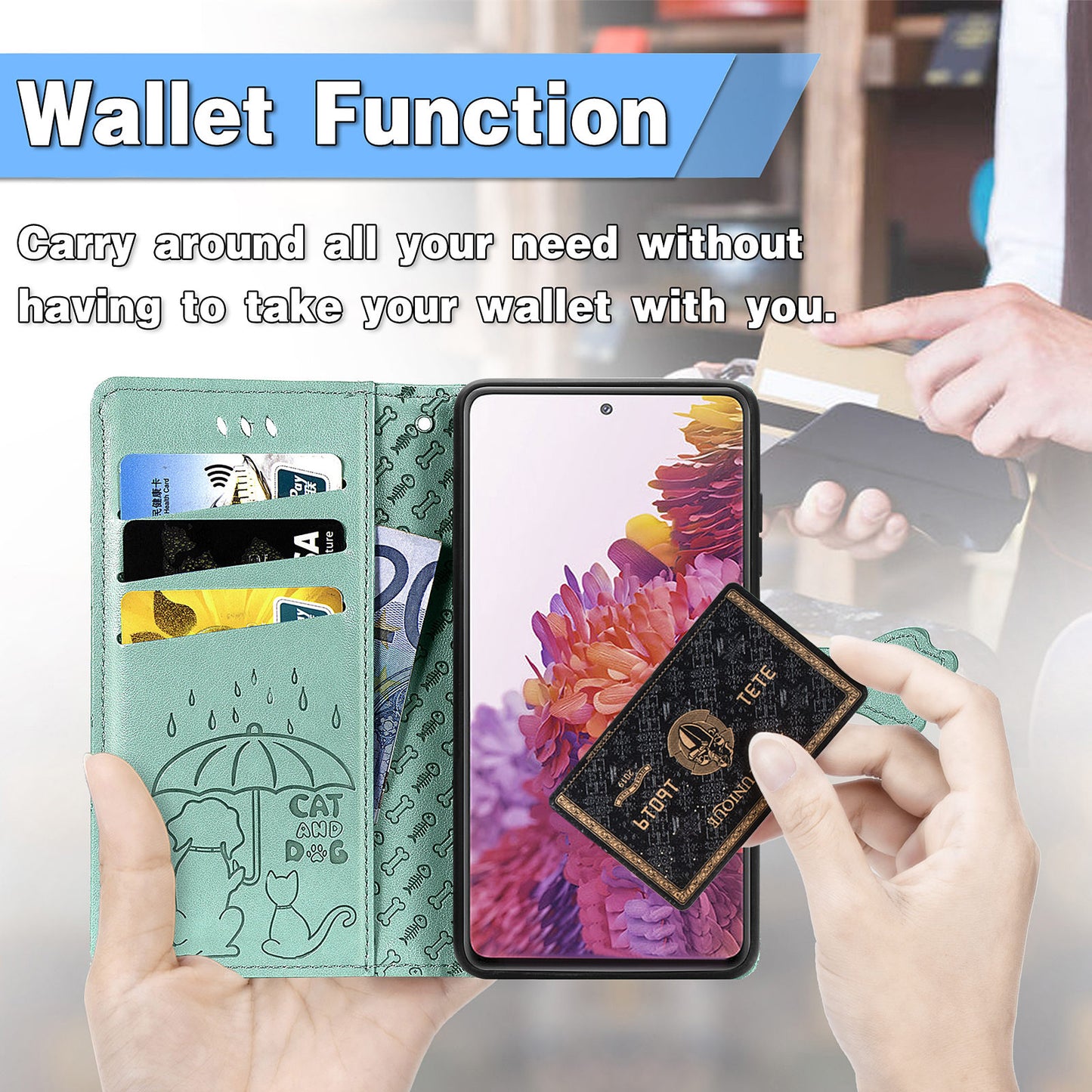 Imprint Cat Dog Pattern Leather Case with Stand Wallet for Samsung Galaxy S20 FE 2022/S20 FE 4G/S20 FE 5G/S20 Lite - Green