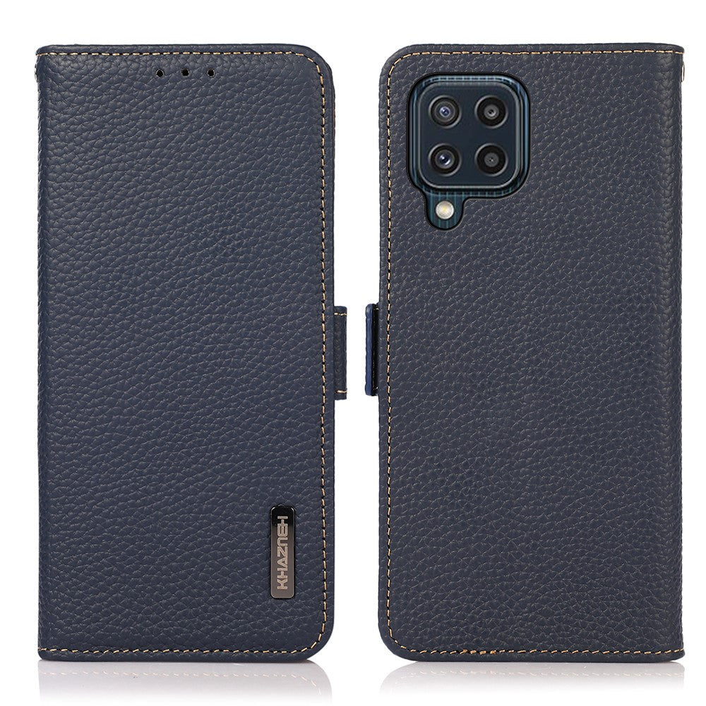 KHAZNEH RFID Blocking Design Litchi Texture Genuine Leather Wallet Case Stand Cover for Samsung Galaxy M32 (Global Version) - Dark Blue