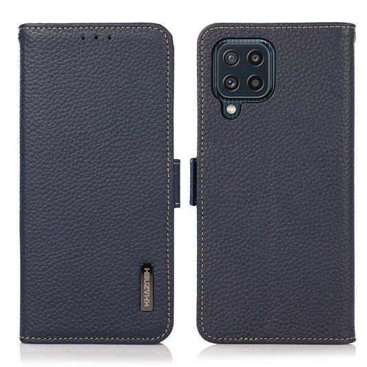 KHAZNEH RFID Blocking Design Litchi Texture Genuine Leather Wallet Case Stand Cover for Samsung Galaxy M32 (Global Version) - Dark Blue