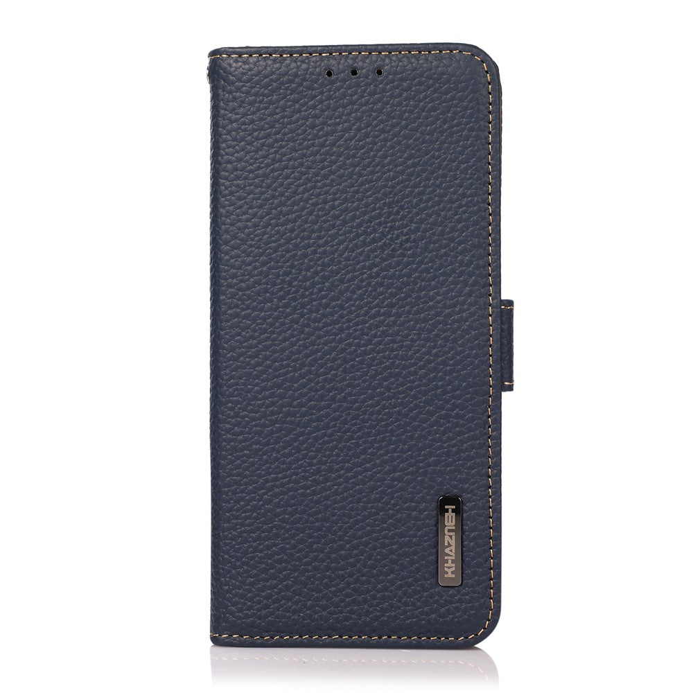 KHAZNEH RFID Blocking Design Litchi Texture Genuine Leather Wallet Case Stand Cover for Samsung Galaxy M32 (Global Version) - Dark Blue
