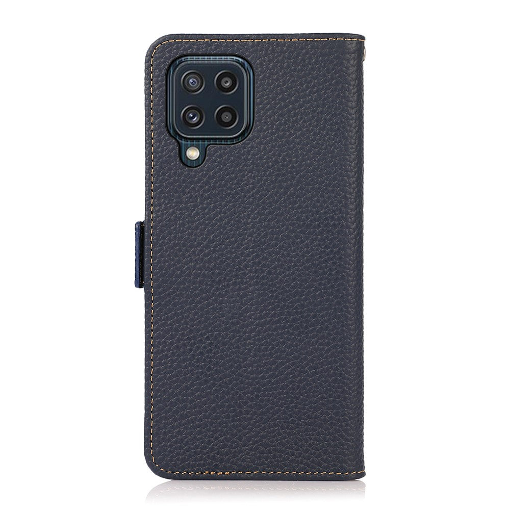 KHAZNEH RFID Blocking Design Litchi Texture Genuine Leather Wallet Case Stand Cover for Samsung Galaxy M32 (Global Version) - Dark Blue