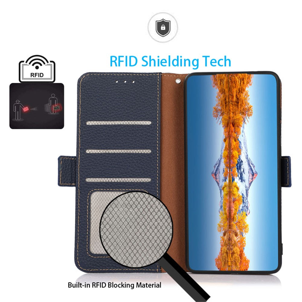 KHAZNEH RFID Blocking Design Litchi Texture Genuine Leather Wallet Case Stand Cover for Samsung Galaxy M32 (Global Version) - Dark Blue