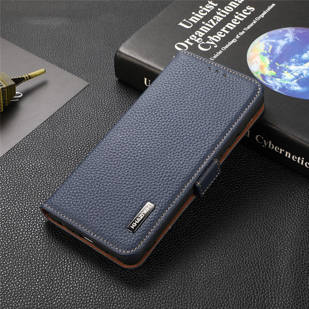 KHAZNEH RFID Blocking Design Litchi Texture Genuine Leather Wallet Case Stand Cover for Samsung Galaxy M32 (Global Version) - Dark Blue