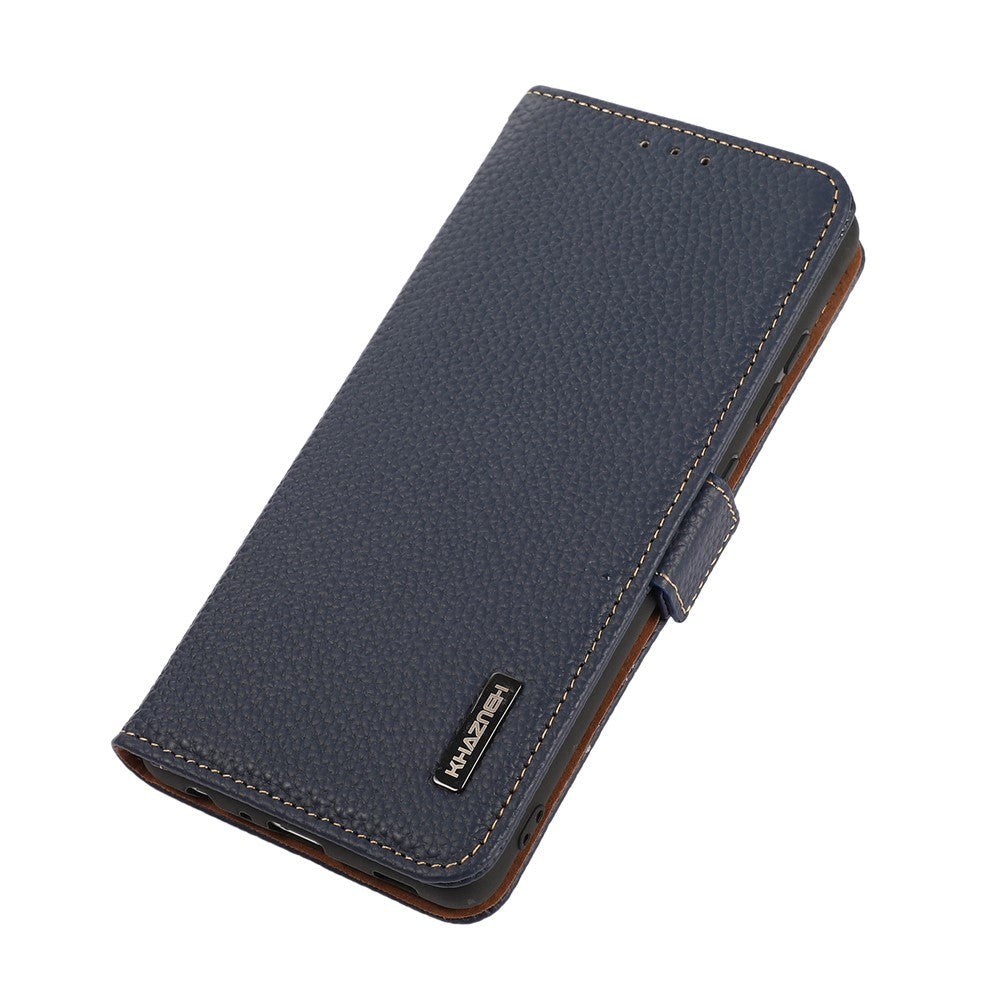 KHAZNEH RFID Blocking Design Litchi Texture Genuine Leather Wallet Case Stand Cover for Samsung Galaxy M32 (Global Version) - Dark Blue