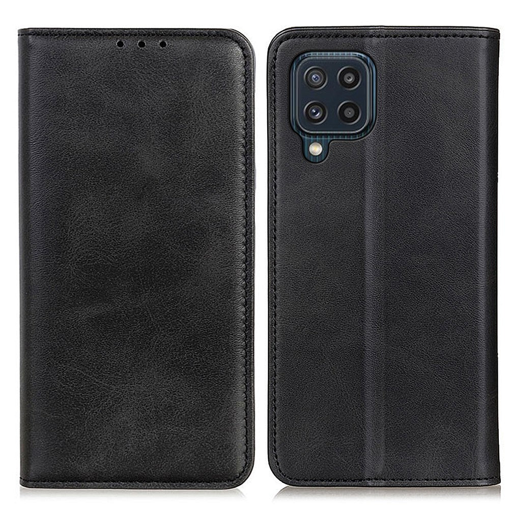 Auto-absorbed Split Leather Magnetic Wallet Phone Stand Shell Case for Samsung Galaxy M32 (Global Version) - Black