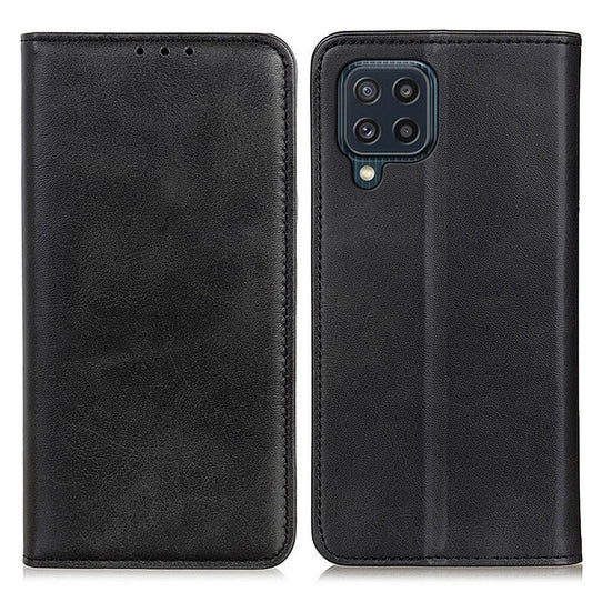Auto-absorbed Split Leather Magnetic Wallet Phone Stand Shell Case for Samsung Galaxy M32 (Global Version) - Black