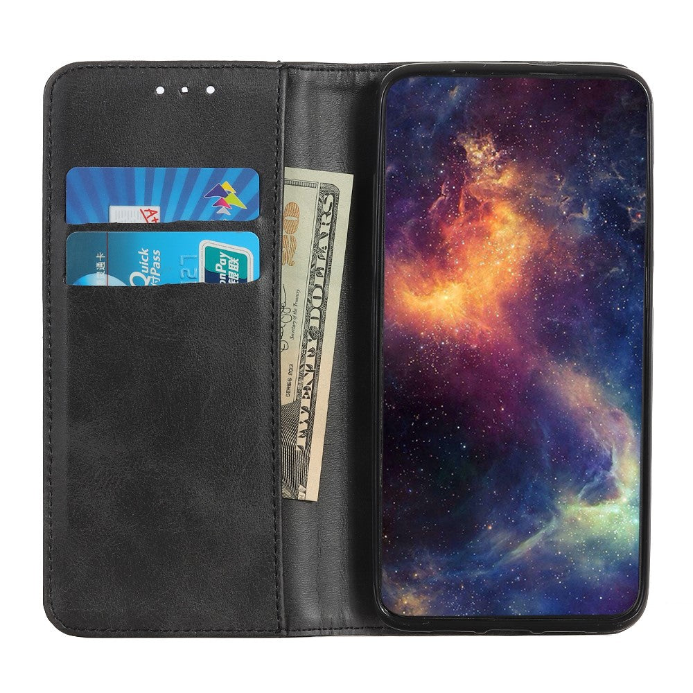 Auto-absorbed Split Leather Magnetic Wallet Phone Stand Shell Case for Samsung Galaxy M32 (Global Version) - Black