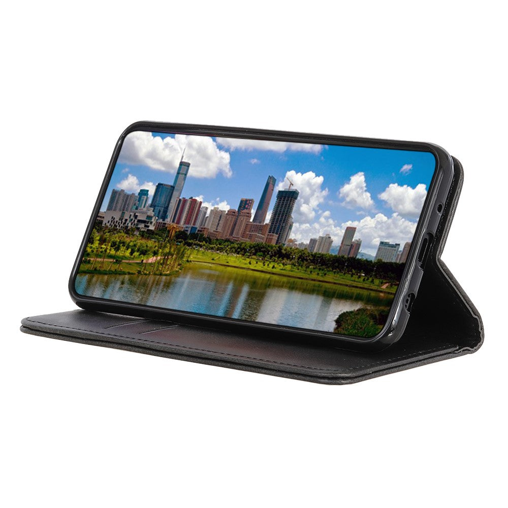 Auto-absorbed Split Leather Magnetic Wallet Phone Stand Shell Case for Samsung Galaxy M32 (Global Version) - Black