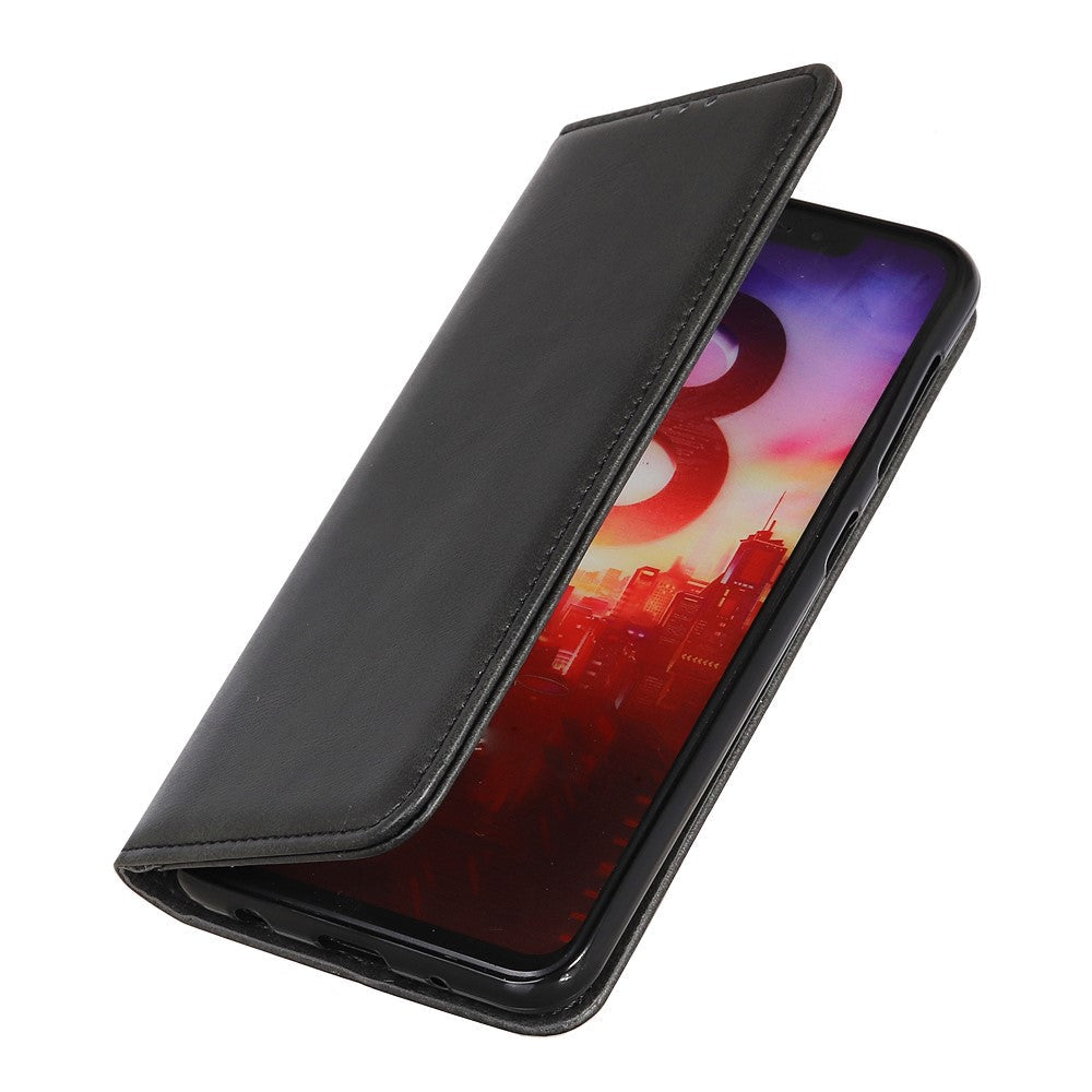 Auto-absorbed Split Leather Magnetic Wallet Phone Stand Shell Case for Samsung Galaxy M32 (Global Version) - Black