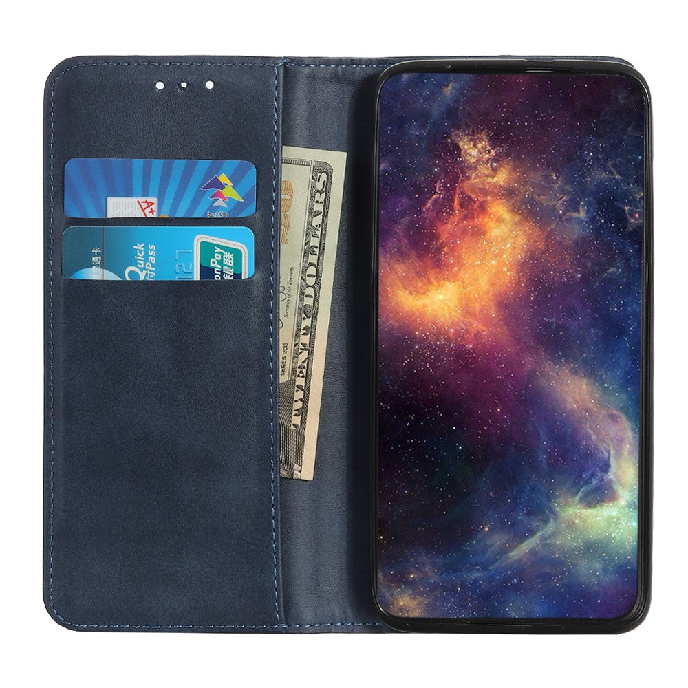 Auto-absorbed Split Leather Magnetic Wallet Phone Stand Shell Case for Samsung Galaxy M32 (Global Version) - Blue