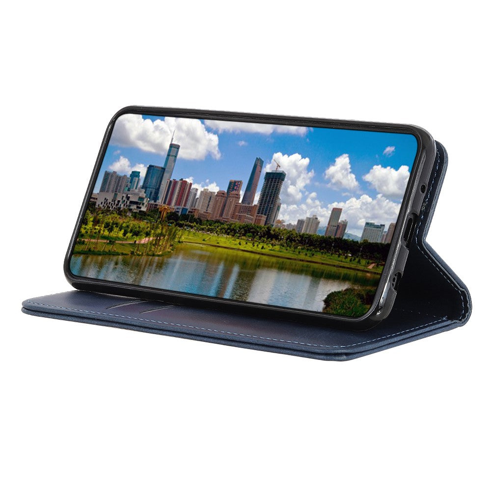 Auto-absorbed Split Leather Magnetic Wallet Phone Stand Shell Case for Samsung Galaxy M32 (Global Version) - Blue