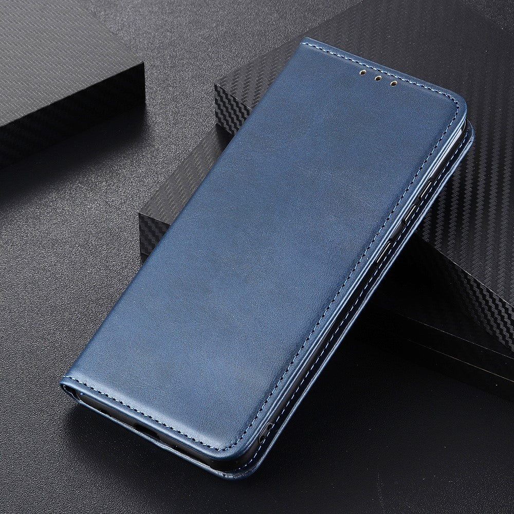 Auto-absorbed Split Leather Magnetic Wallet Phone Stand Shell Case for Samsung Galaxy M32 (Global Version) - Blue