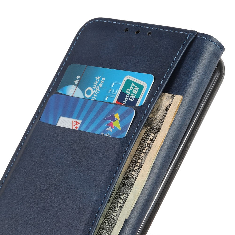 Auto-absorbed Split Leather Magnetic Wallet Phone Stand Shell Case for Samsung Galaxy M32 (Global Version) - Blue