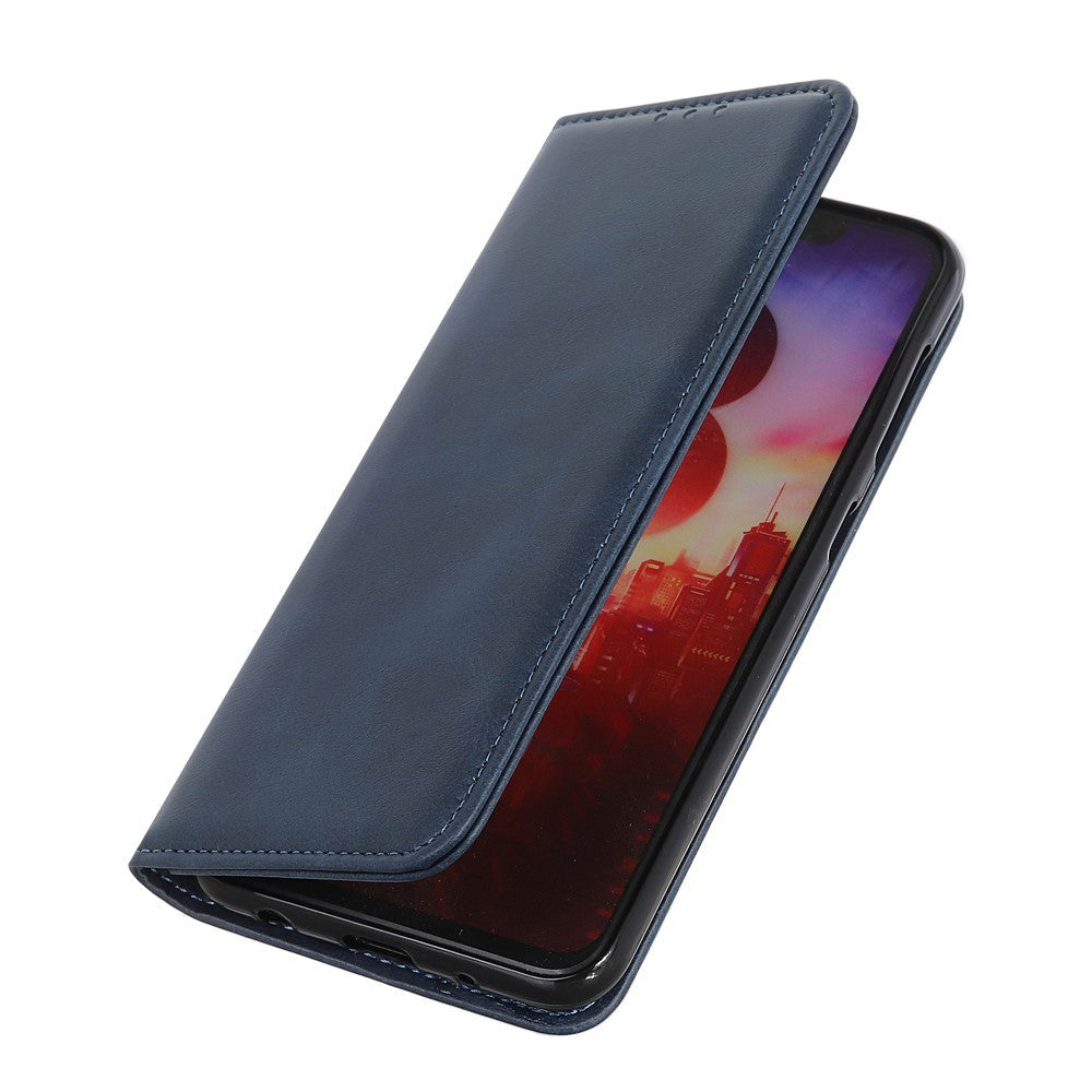 Auto-absorbed Split Leather Magnetic Wallet Phone Stand Shell Case for Samsung Galaxy M32 (Global Version) - Blue